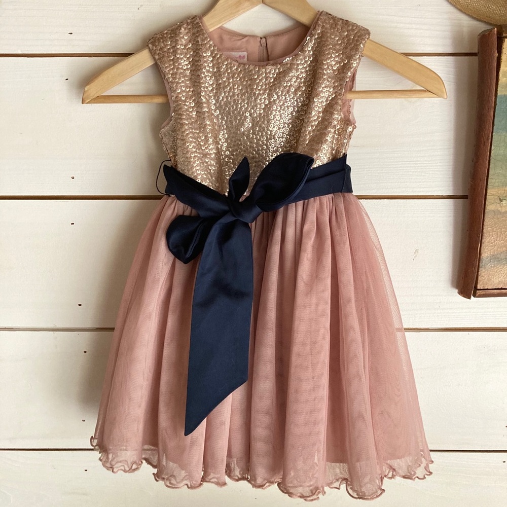 Bonnie Jean sequin/mesh-overlay fit n’ flare dress
